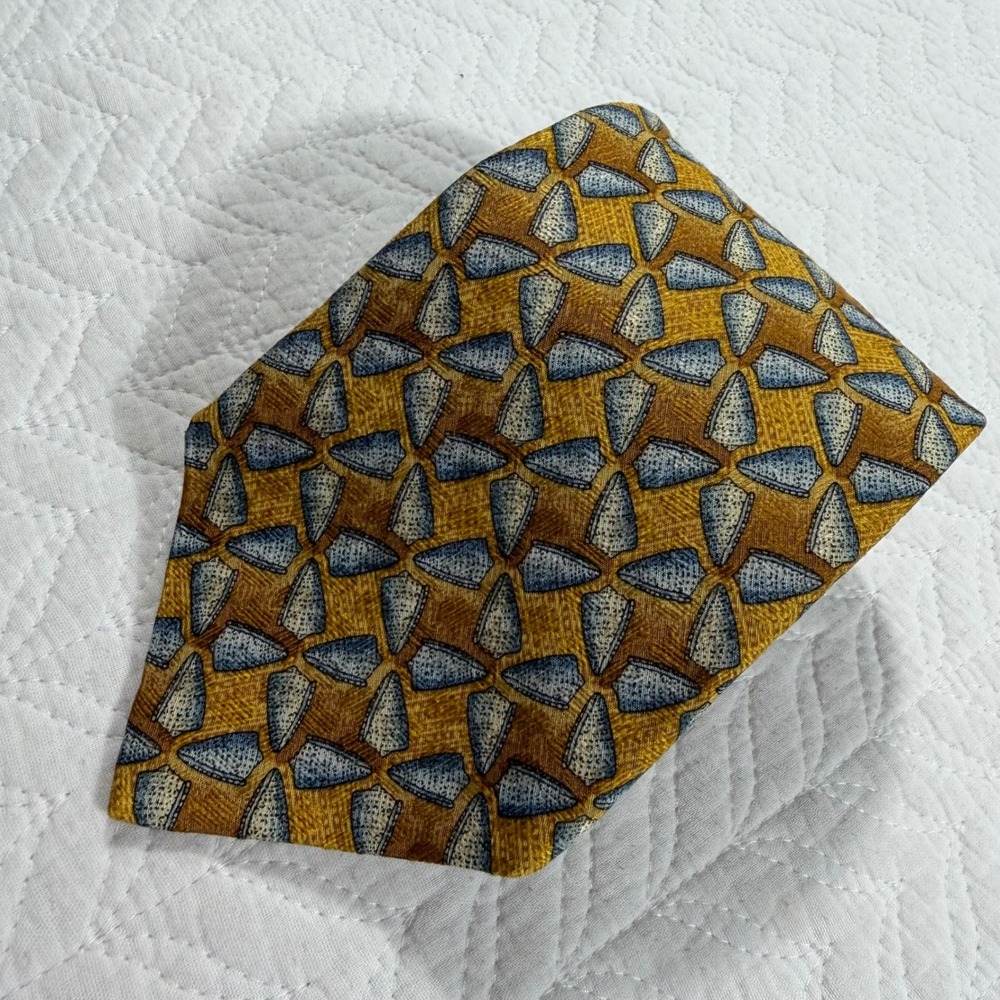 Ermenegildo Zegna 100% Silk Tie Geometric Pattern Mustard Blue Made in Italy Men